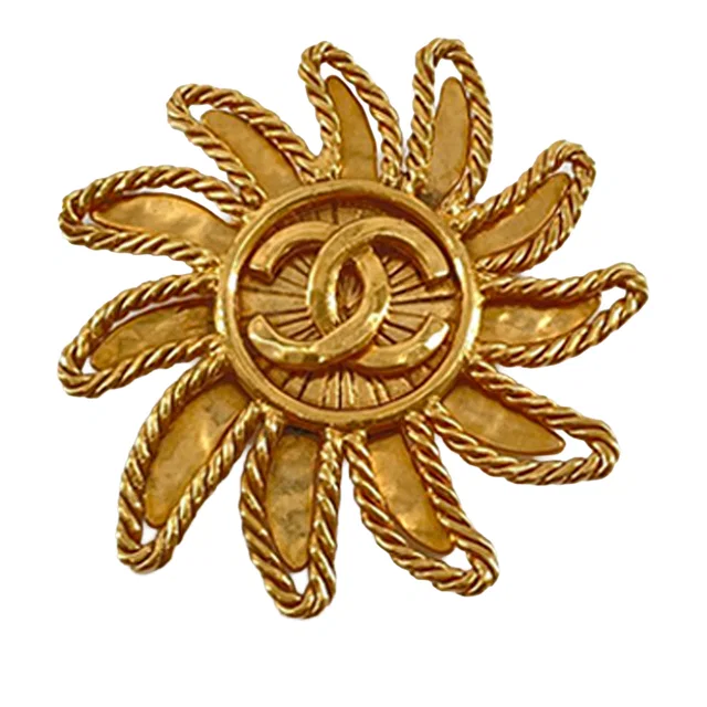 Gold Chanel CC Gold Plated Sun Motif Brooch in Gold from Designer Revival