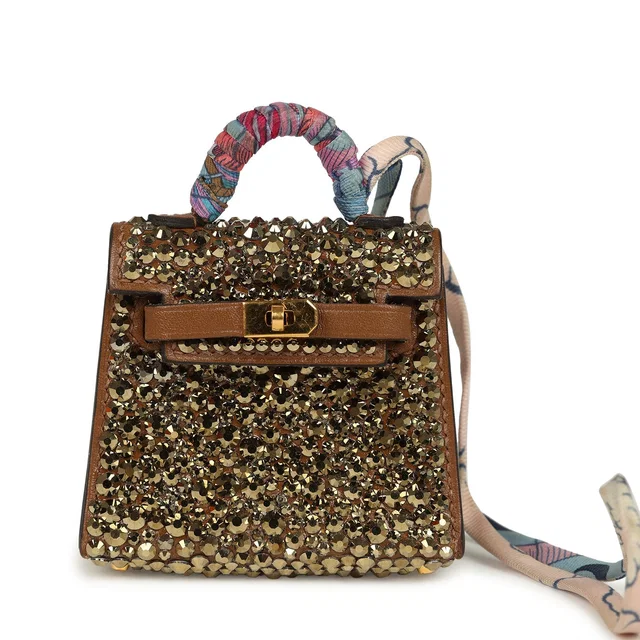 Custom Alezan Swarovski Crystal Hermes Mini Kelly Twilly Bag Charm Gold Hardware in Silk from Madison Avenue Couture