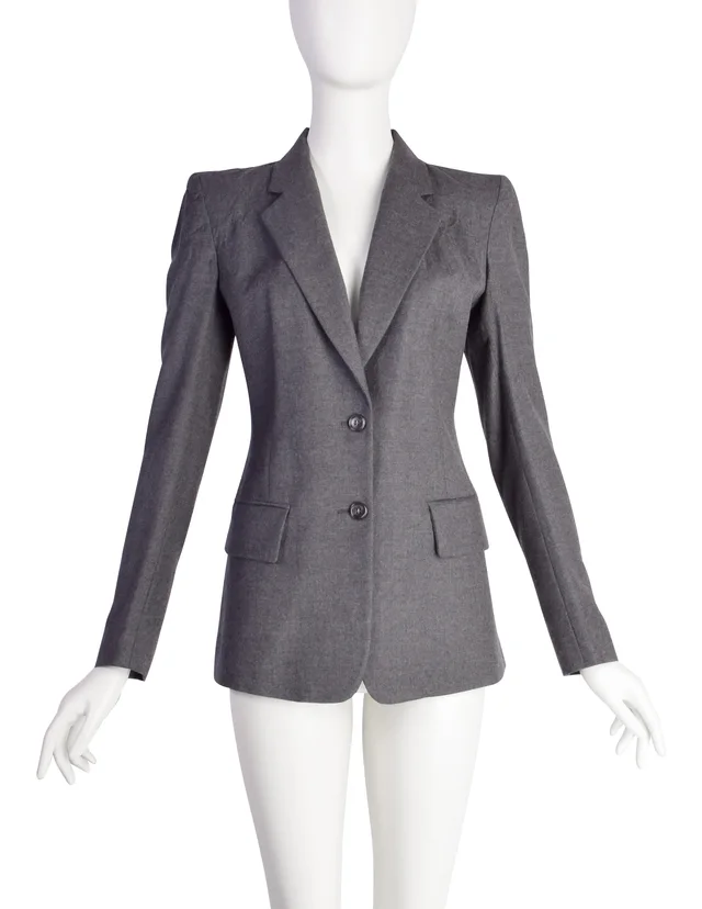 Maison Margiela Vintage AW2007 Charcoal Grey Wool Pointed Wrinkled Shoulder Blazer Jacket in Grey Wool from Amarcord Vintage Fashion