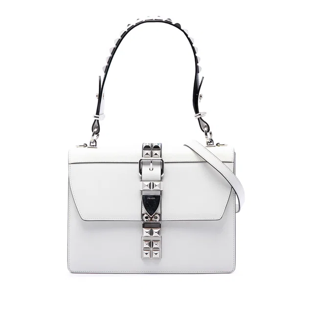 White Prada City Calf and Saffiano Studded Elektra Satchel in White Saffiano leather from Designer Revival
