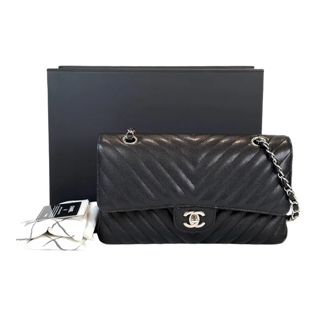 Chanel Classic Flap Medium Black Silver Chevron in Caviar Bag in Black Caviar leather from Luxury Promise