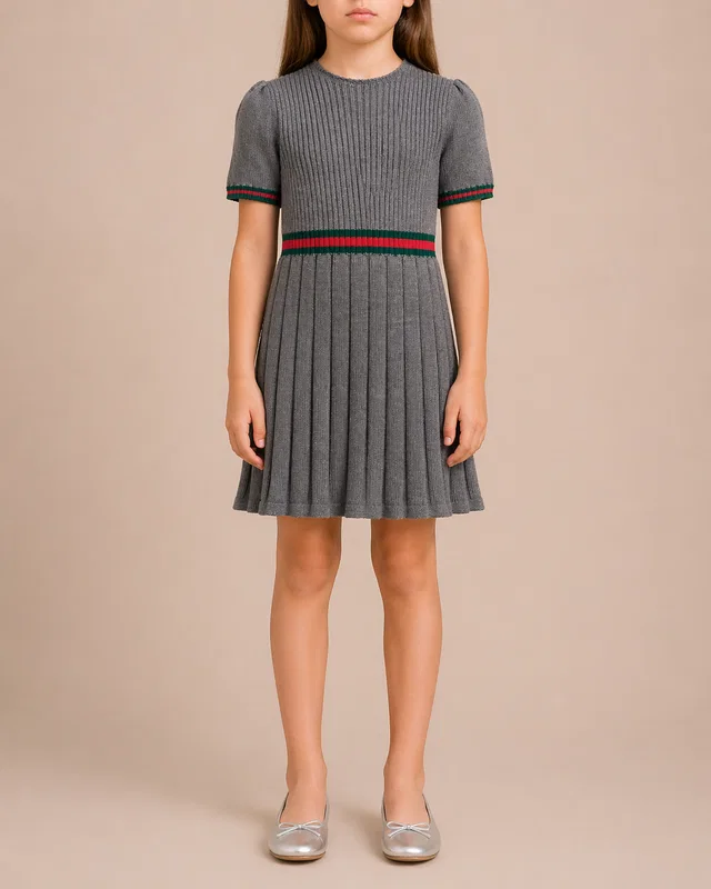 Gucci Kids Grey Knit Short-Sleeve Dress with Green and Red Band Details Size 8 years in Red from Sellier