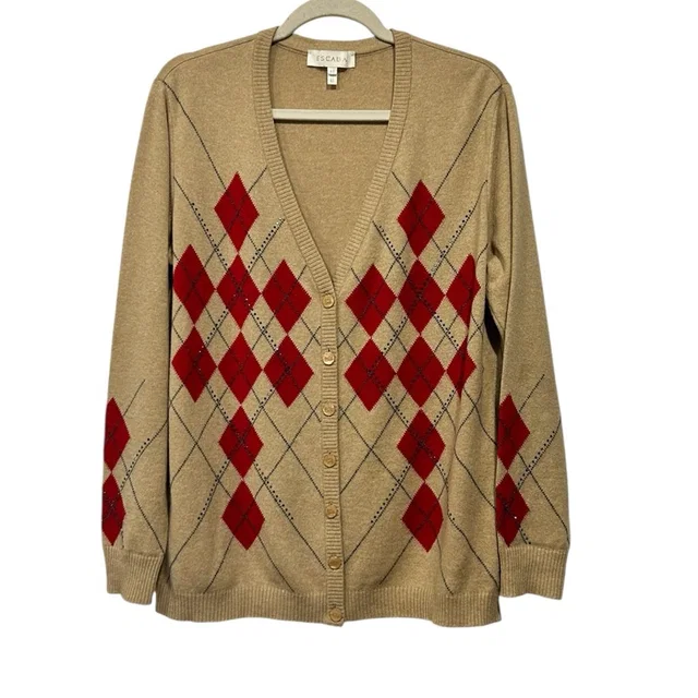 Escada Classic Argyle Cardigan Wool Cashmere Old Money Luxury Camel Red 44 in red|neutral|brown Cashmere from Poshmark