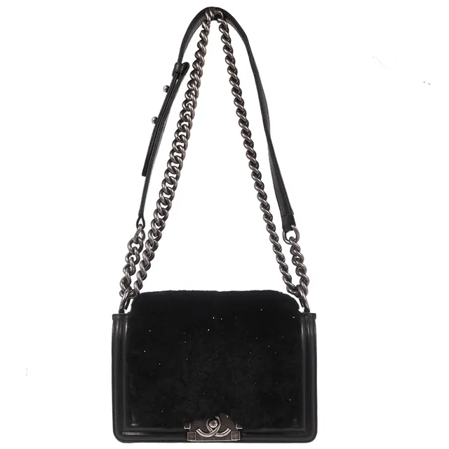 Boy Chanel 2015-2016 Black Lambskin Fur Small Chain Shoulder Bag in Black Lambskin from AMORE Vintage Tokyo