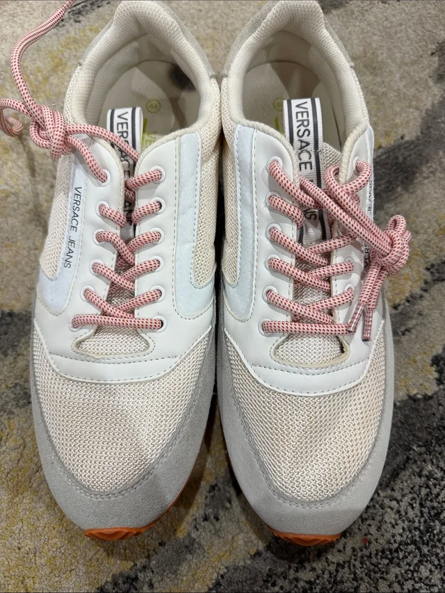 Versace Women's White Cream Athletic Sneakers With Pink Laces in white Leather from Poshmark
