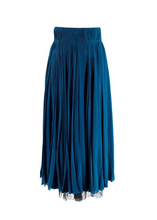Dior Teal Silk And Black Lace Pleated Midi Skirt in Black Silk from HEWI