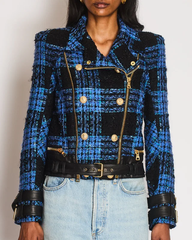 Balmain Blue and Black Tweed Jacket with Leather Inserts and Belt with Gold Buckle Detail Size FR 36… in Black Tweed from Sellier
