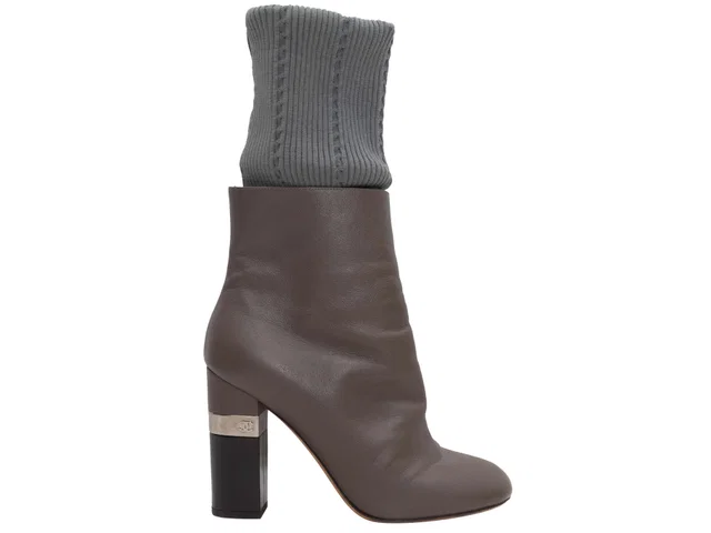 Grey Chanel Leather & Rib Knit Heeled Boots Size 37 in Grey Leather from Designer Revival