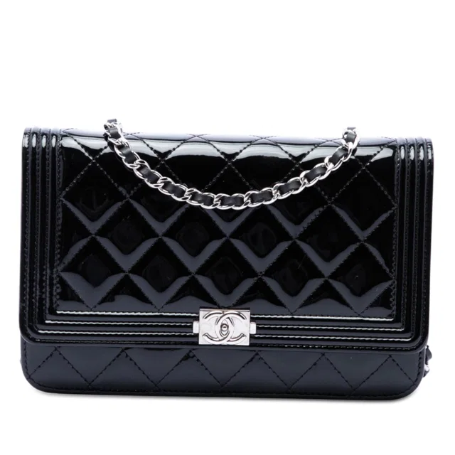 Black Chanel Quilted Patent Boy Wallet on Chain Crossbody Bag in Black Patent leather from Designer Revival
