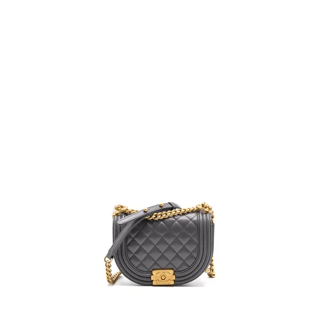 Chanel 22A Round Boy Messenger Bag Caviar Grey GHW(Microchip) in Grey Caviar leather from EMIER