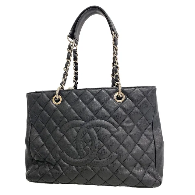 Chanel Chain Tote Bag Quilted Caviar Leather Black Silver in Black Caviar leather from The Reluxe