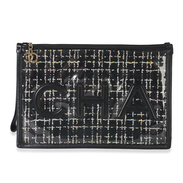 Chanel Black Tweed PVC Lambskin Logo Large Pouch in Black Lambskin from myGemma
