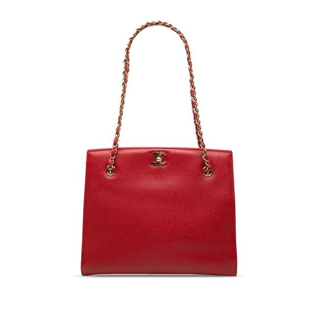 Red Chanel CC Caviar Turn Lock Chain Tote in Red Caviar leather from Designer Revival