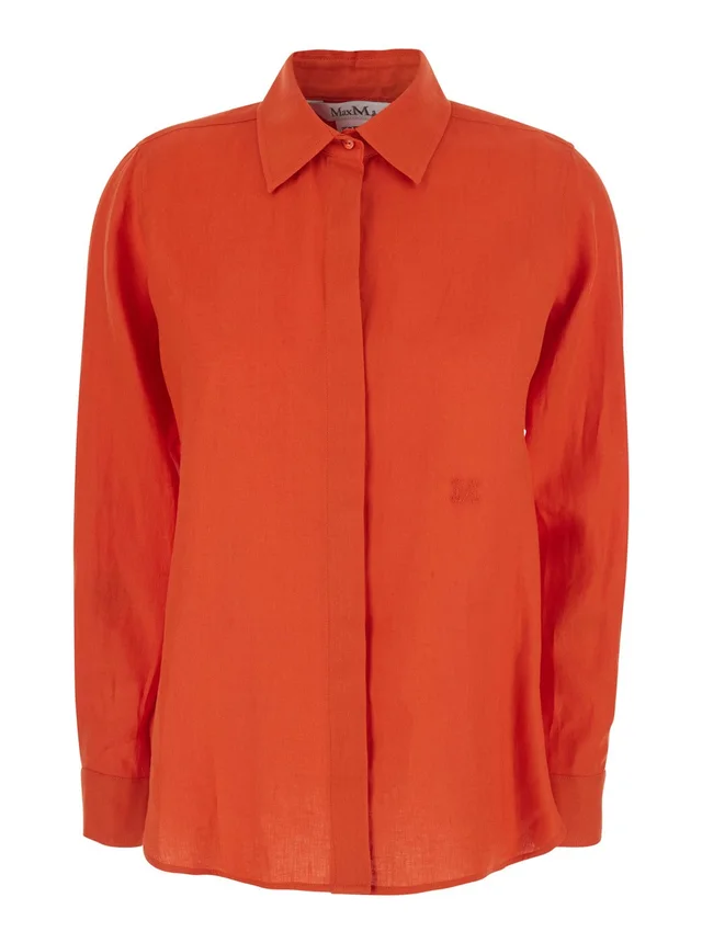 MAX MARA Red Shirt with classic collar and tone-on-tone logo embroidery in linen for women in Red 100% Linen, photo 2 of 6 from Gaudenzi Boutique