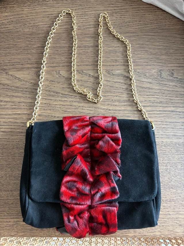 Dolce & Gabbana Black Suede Shoulder Bag With Red Fur Ruffle in black|red Suede from Poshmark