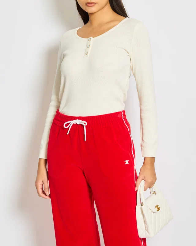 Celine Cream Long-Sleeve Cotton Top with Logo Broidery Anglaise and Pearl Button Details XS (UK 6) in White from Sellier