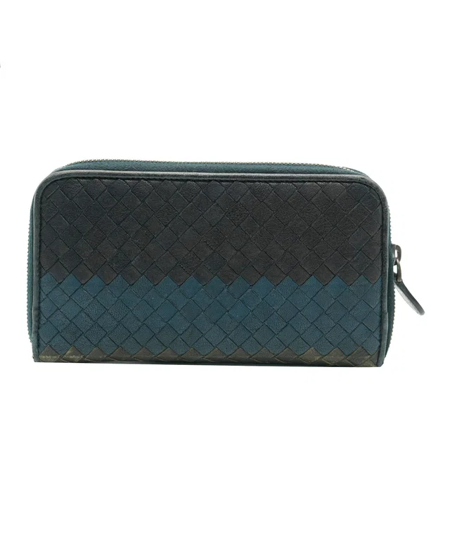 Bottega Veneta blue intrecciato zip wallet in Blue Woven leather from Luxury Promise