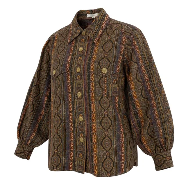 Saint Laurent Long Sleeve Shirt Paisley Pattern All Over Gold Button Retro in Gold Wool from The Reluxe