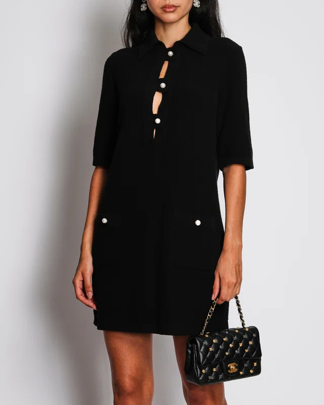 Chanel 23/P Black Short Sleeve Midi Dress with Pearl CC Pocket Detail Size FR 36 (UK 8) in Black from Sellier