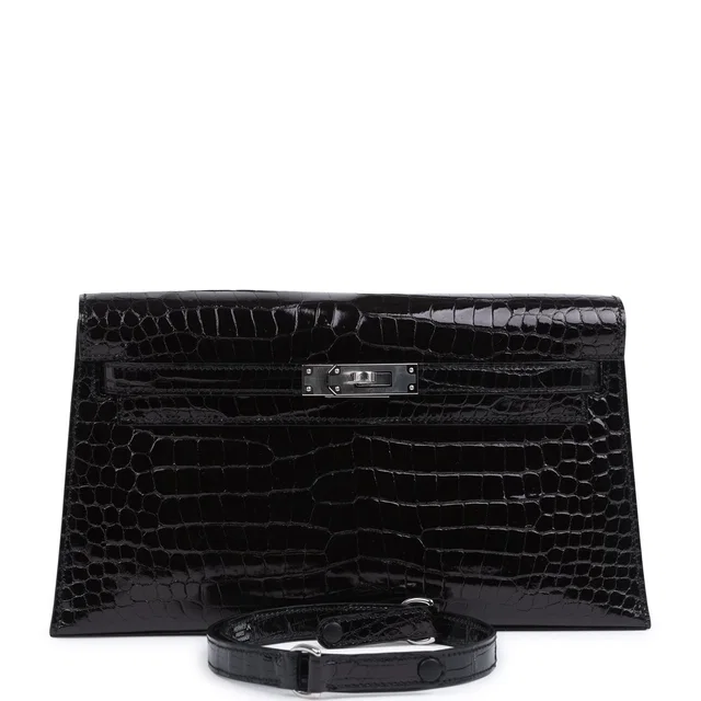 Hermès Kelly Elan Black Shiny Porosus Crocodile Palladium Hardware in Black Crocodile from Madison Avenue Couture