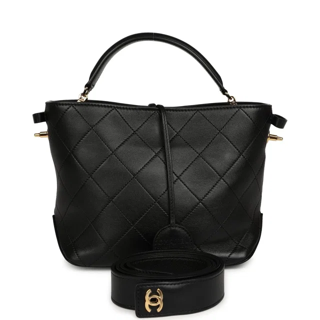 Chanel Top Handle Bucket Bag Black Calfskin Gold Hardware in Black Calfskin from Madison Avenue Couture