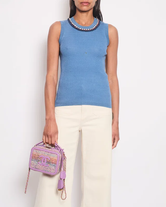 Chanel Blue Ribbed Knit Sleeveless Top With Red in White Tweed from Sellier
