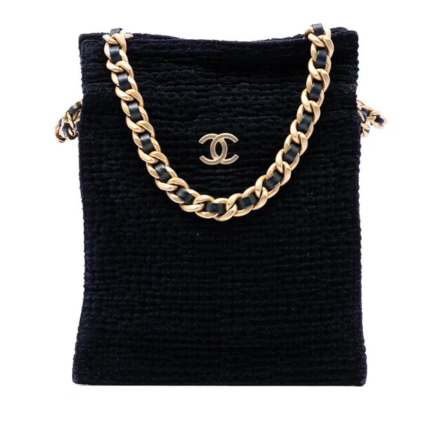 Black Chanel CC Cotton Tweed Drawstring Shopping Tote in Black Tweed from Designer Revival