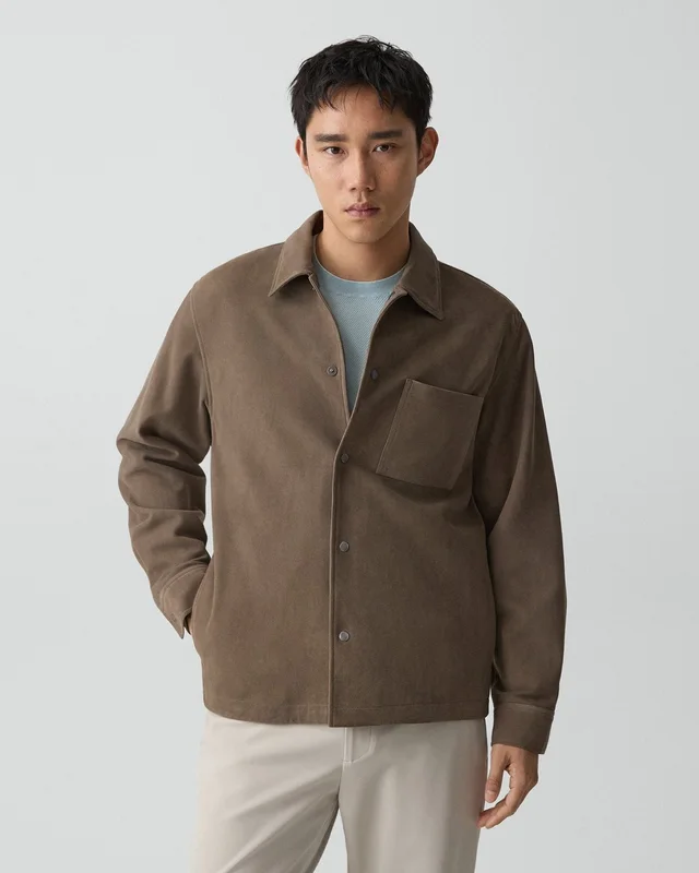 Theory Snap Overshirt in Suede in MOREL, photo 9 of 12 from Theory