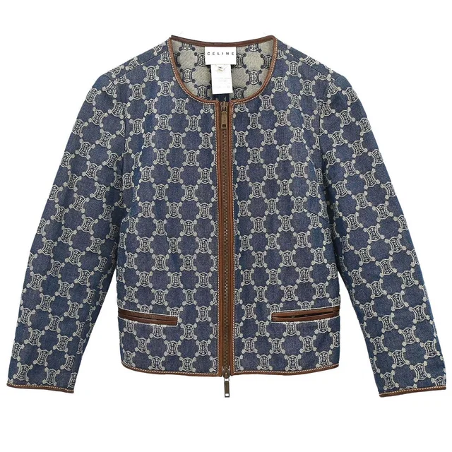 Celine Collarless Zip Up Denim Jacket Macadam Blue #36 in Blue Denim from AMORE Vintage Tokyo
