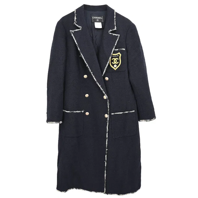 Chanel 2005 Emblem Double Breasted Jacket Navy #46 in Navy Nylon from AMORE Vintage Tokyo