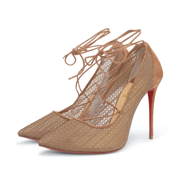 Christian Louboutin & Mesh Peropik 100 Pumps 40 in Biscotto Suede from Blue Spinach