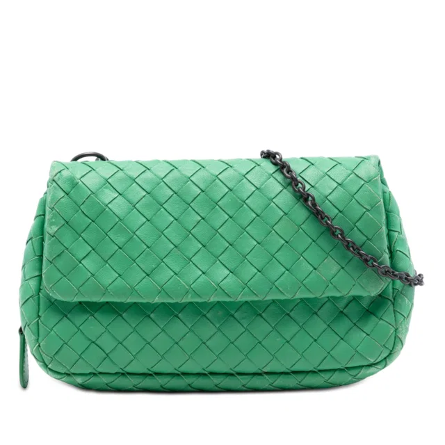 Green Bottega Veneta Mini Nappa Intrecciato Expandable Chain Flap Crossbody in Green Nappa leather from Designer Revival