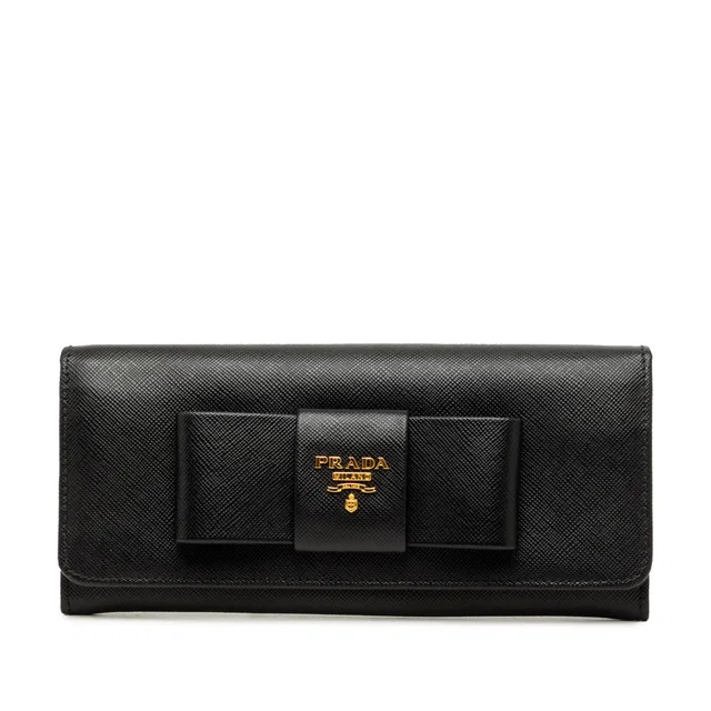 Black Prada Saffiano Lux Bow Continental Wallet Long Wallets in Black Saffiano leather from Designer Revival