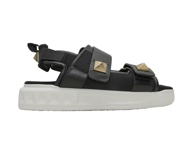 & White Valentino Rockstud Velcro Sandals Size 37.5 in Black Leather from Designer Revival