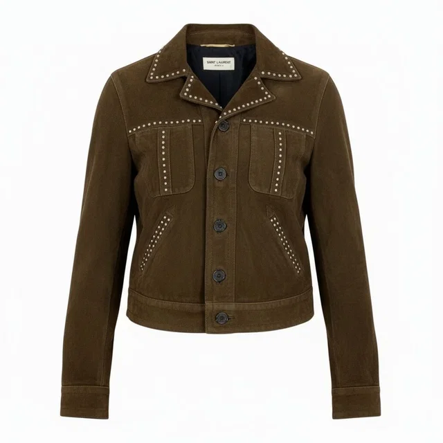Saint Laurent Ab9 Studded Jacket Western 34 Brown Goat Leather in Brown Goatskin from The Reluxe