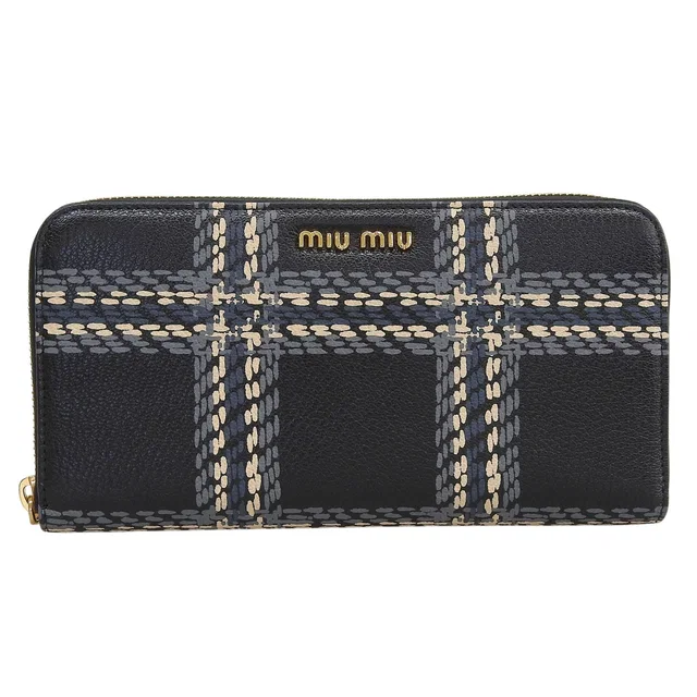 Miu Miu Madras ST Check Leather Zip Around Wallet Black Gray Pink in Black Leather from The Reluxe