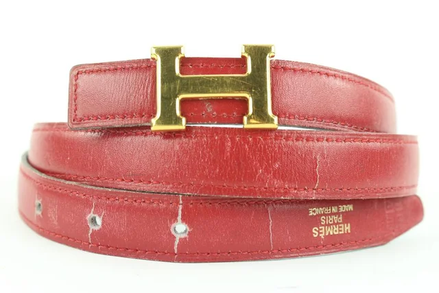 Hermès 18mm Red x Navy x Gold Reversible H Logo Belt Kit in Red Leather from Bagriculture