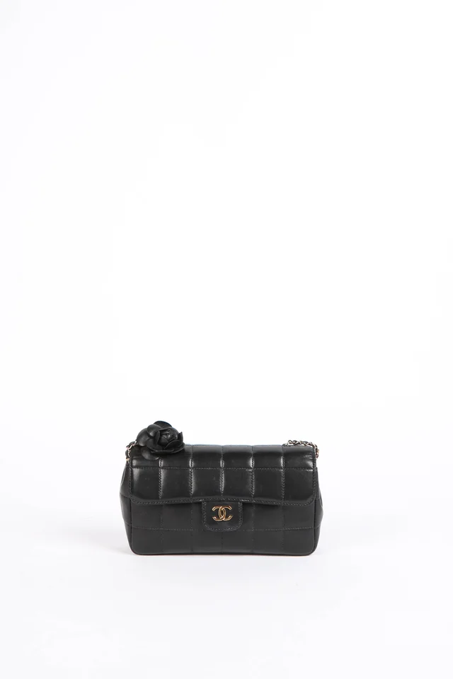 2000s Chanel Black Lambskin Mini Camellia Chocolate Bar Crossbody Bag in Black Lambskin from Break Archive