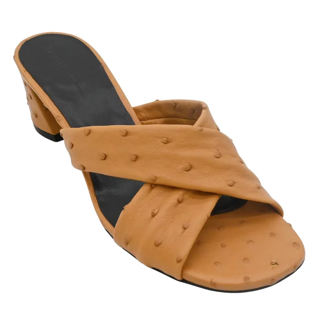 Khaite Liria Tan Ostrich Leather Crisscross Mule Sandals in Brown Ostrich from Clotheshorse Anonymous