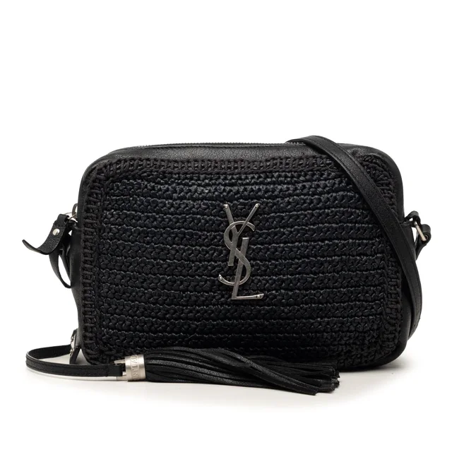 Black Saint Laurent Woven Raffia and Leather Lou Camera Bag in Black Woven leather from Designer Revival