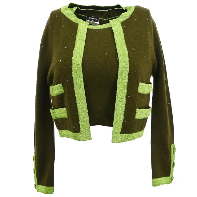Chanel 1996 Set Cardigan Top Khaki #38 in Green from AMORE Vintage Tokyo