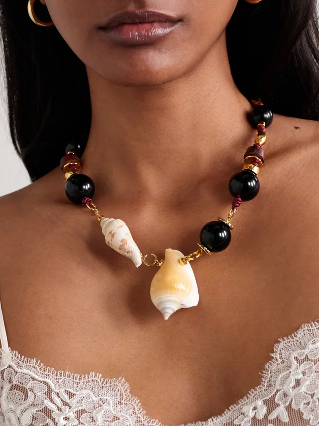 TOHUM Samsara gold-plated, leather, shell, onyx and recycled-glass necklace in Brown, photo 2 of 2 from NET-A-PORTER (Canada)