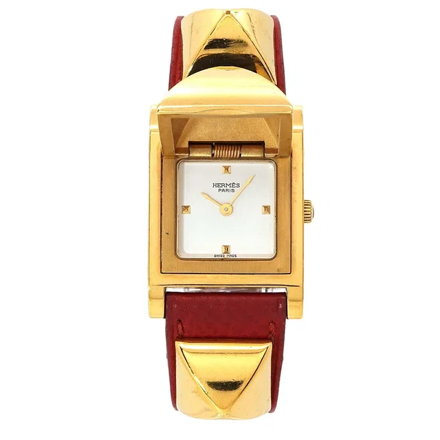 Hermès Medor Vintage Watch Pyramid Gold Studs White Red Quartz in White Leather from The Reluxe
