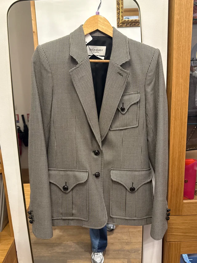 Saint Laurent Green Houndstooth safari jacket in Green Wool from Luxury Promise