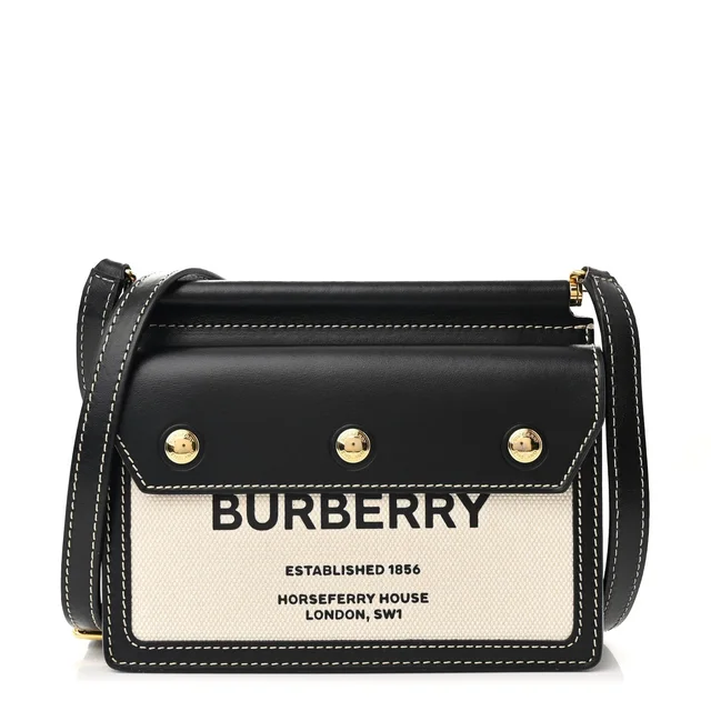 Burberry Mini Title Shoulder Horseferry Calfskin Leather & Canvas Bag - Black & Beige in Black Calfskin from H&T