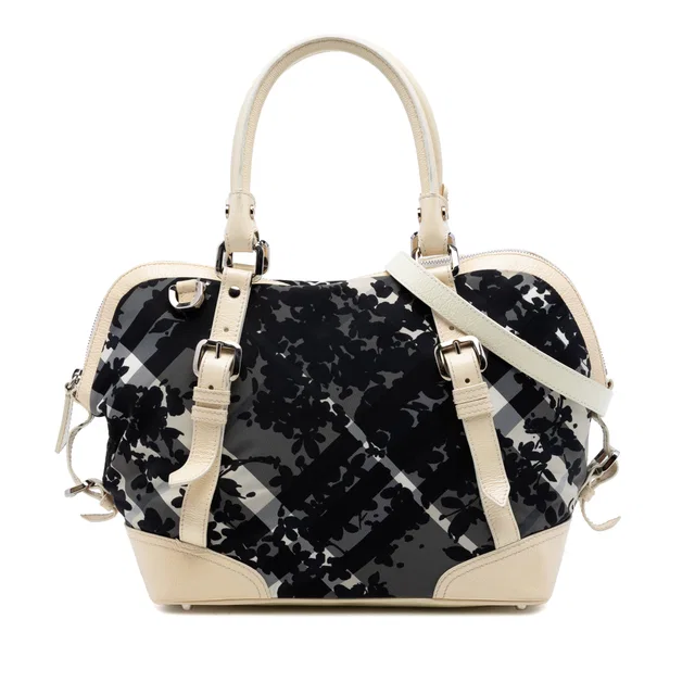 Gray Burberry Floral Beat Check Nylon and Patent Foley Satchel in Grey Patent leather from Designer Revival