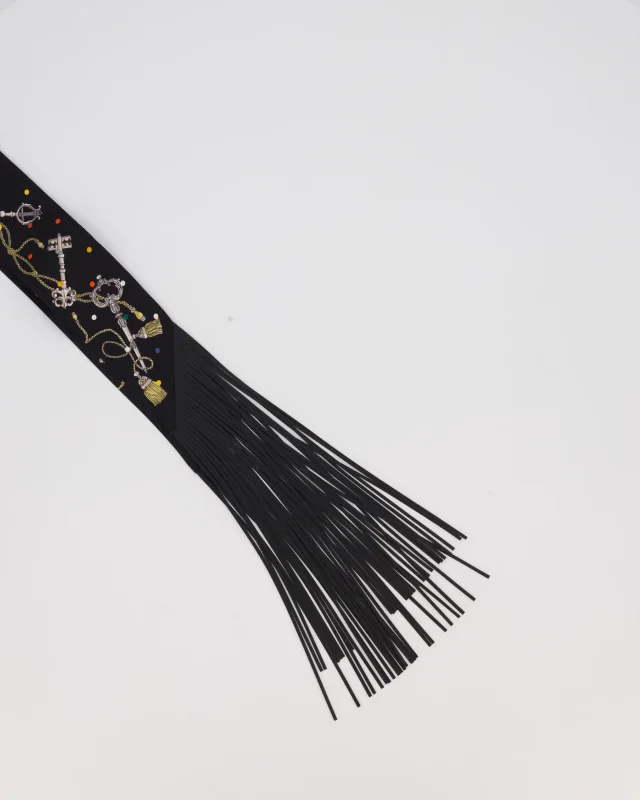 Hermès Noir Les Cles a Pois Leather Fringes Twilly in Black Leather from Sellier, photo 2 of 3