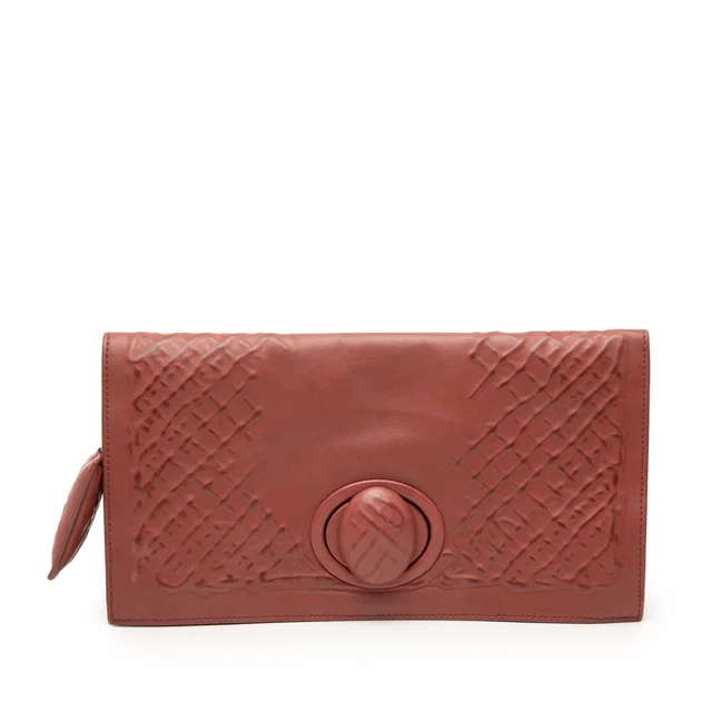 Brown Bottega Veneta Nappa Embossed Intrecciato Turn Lock Clutch in Brown Nappa leather from Designer Revival