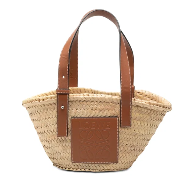 Beige LOEWE Small Raffia Anagram Basket Tote in Beige Raffia from Designer Revival