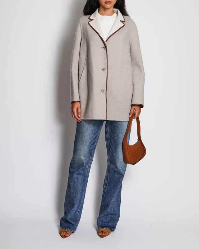 Loro Piana Grey Single Breasted Cashmere Coat with Brown Piping Detail Size IT 42 (UK 10) in Brown Cashmere from Sellier